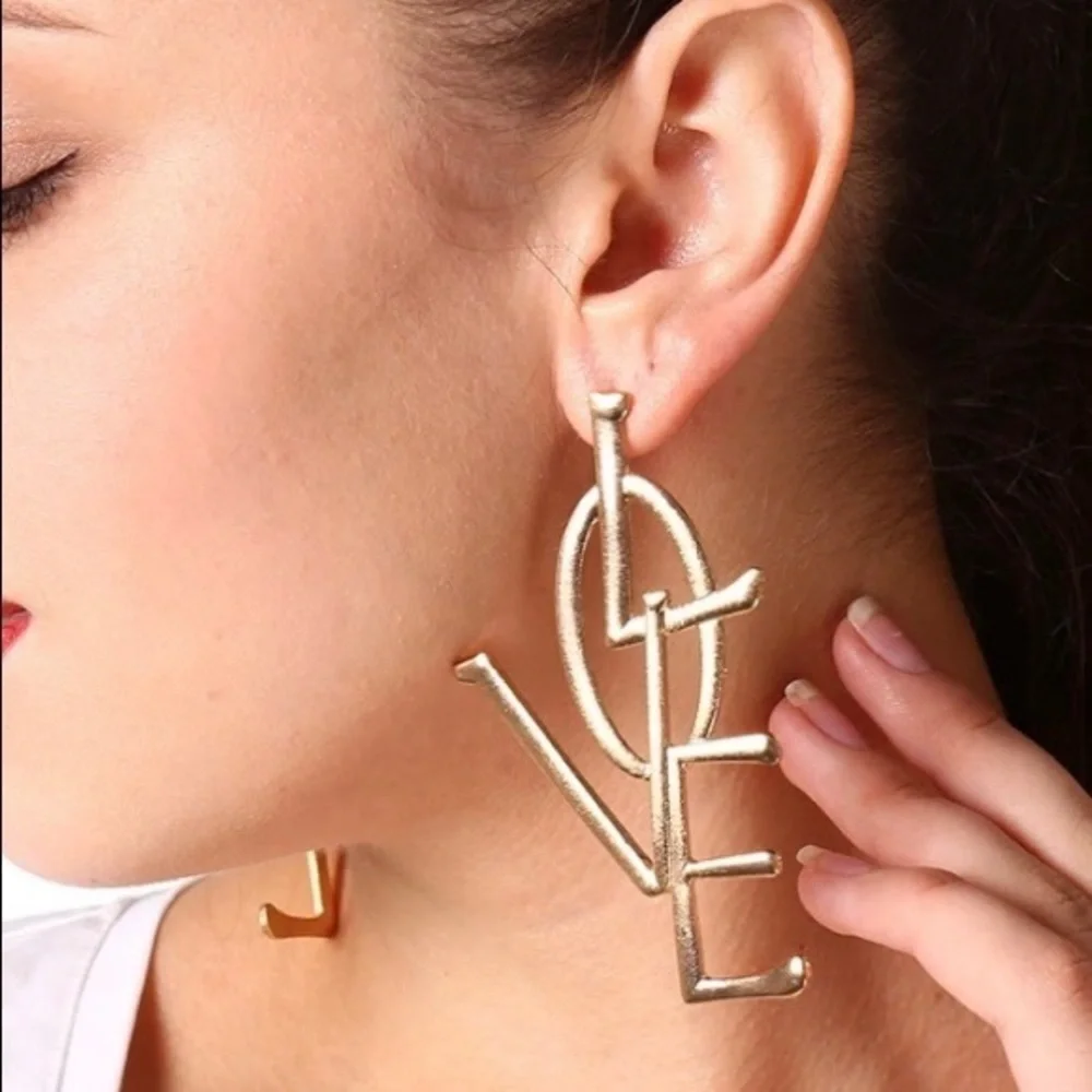 LOVE Gold Tone Oversize Drop Earrings 3+”